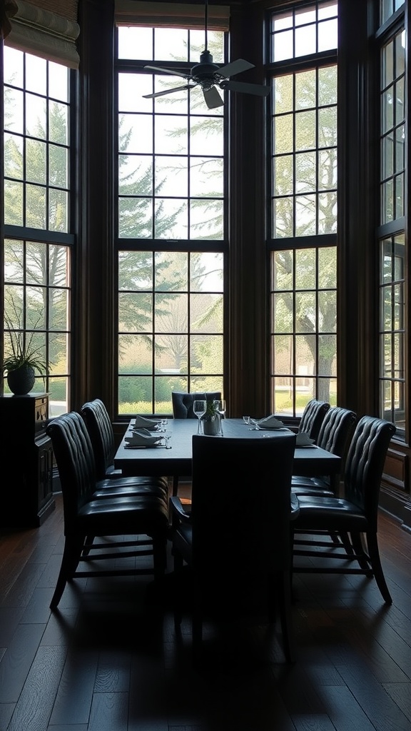 A dining area with dark wood furniture and large windows allowing natural light to enter.