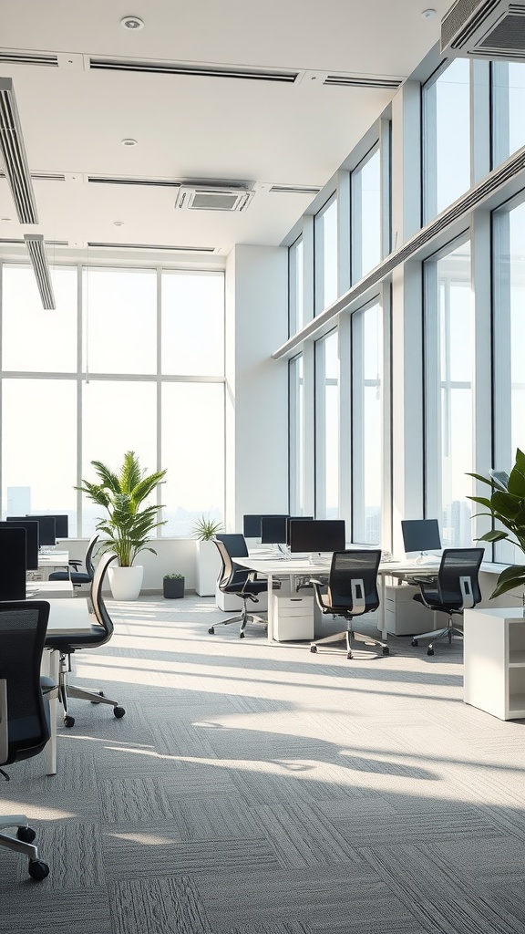 Modern office interior with large windows allowing natural light and greenery.