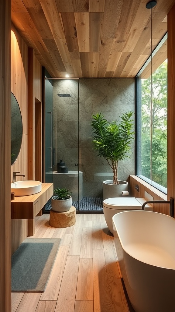 A modern bathroom featuring wood elements, stone textures, and plants.