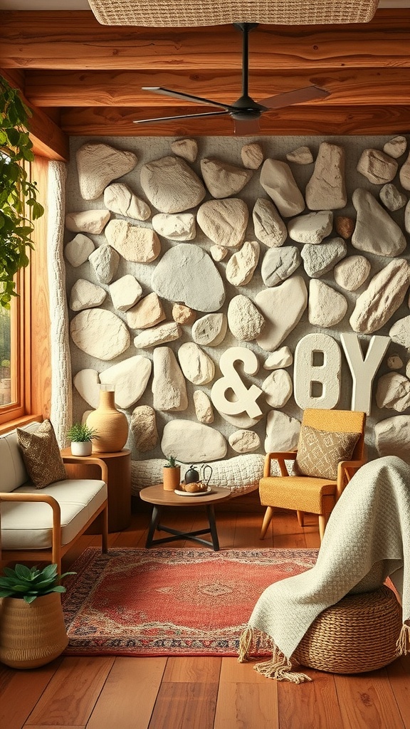Cozy 70s style living room with a stone wall, wooden furniture, and textured decor.