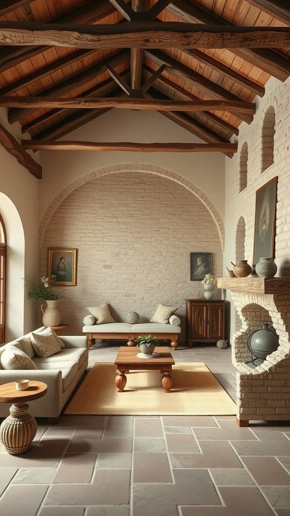 A cozy living room featuring natural materials like wood beams and stone walls.