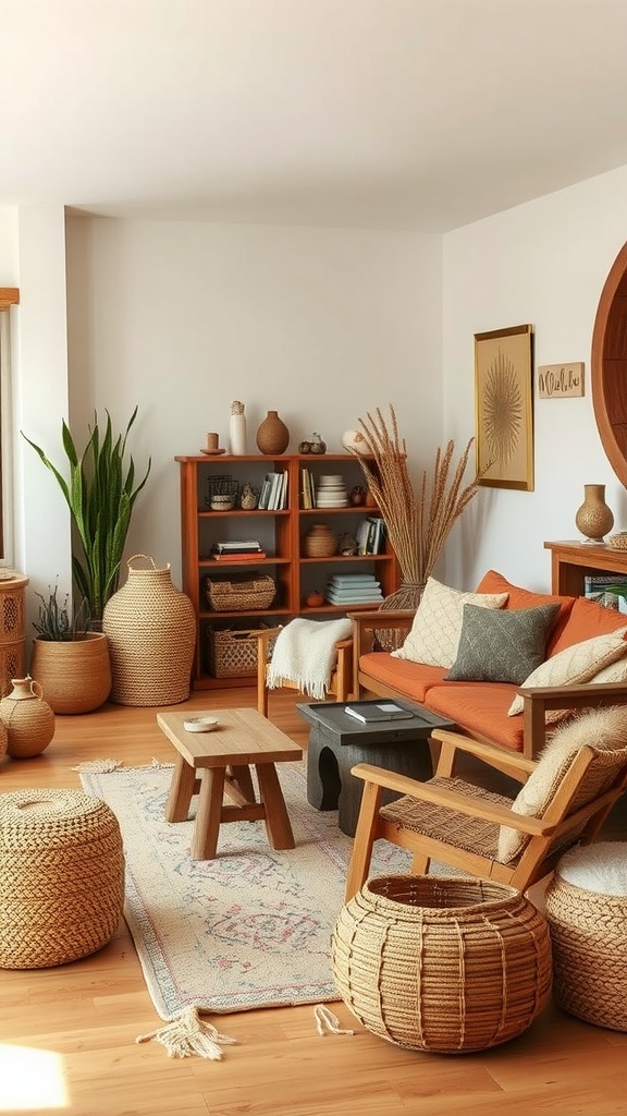 A cozy bohemian interior featuring natural materials like woven baskets and wooden furniture.