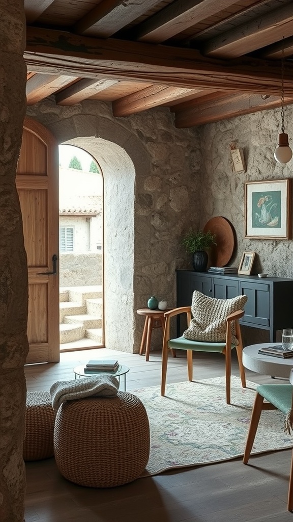 Cozy interior featuring stone walls and wooden beams, showcasing Italian design with natural materials.