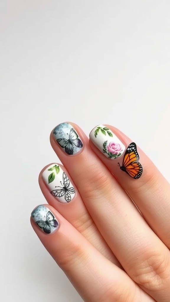 A hand showing nature-inspired butterfly nail art with colorful butterflies and floral designs.
