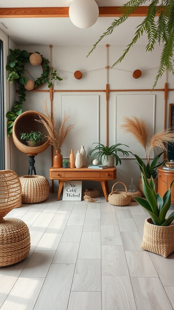 A cozy Nordic interior featuring natural decor elements like plants, wooden furniture, and woven baskets.
