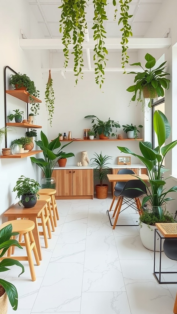 Interior of a nail salon featuring greenery and natural elements.