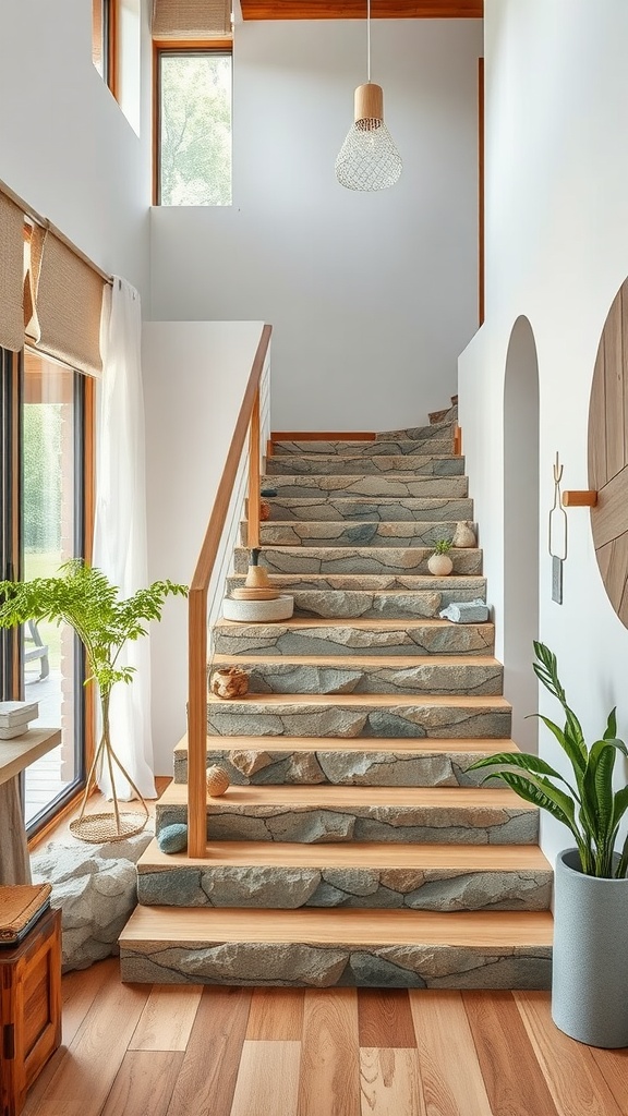 A staircase with stone steps and wooden accents, surrounded by plants and natural light.