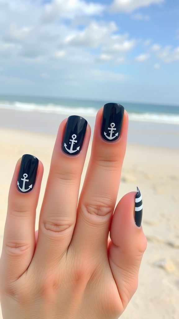 Close-up of fingers showing dark blue nails with white anchor designs and stripes on the beach.
