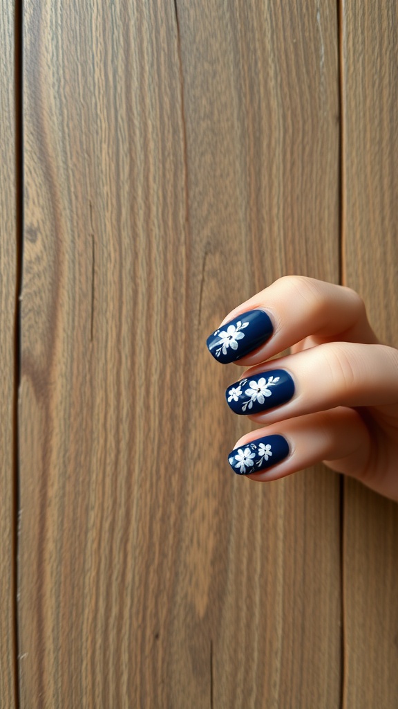 Navy blue nails with white floral designs on a wooden surface.