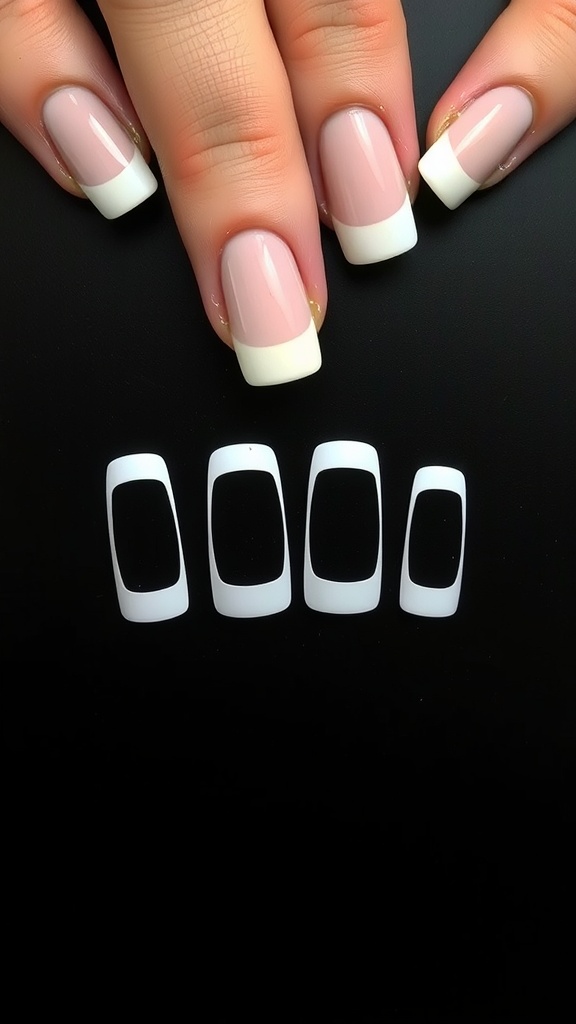Close-up of white French tip nails with negative space design