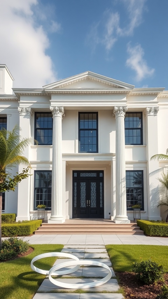A modern home featuring neoclassical architecture with tall columns and a grand entrance