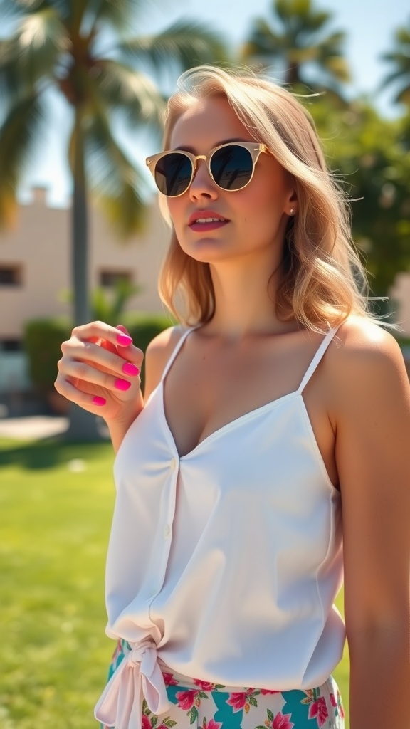 A person with neon hot pink nails enjoying a sunny day outdoors