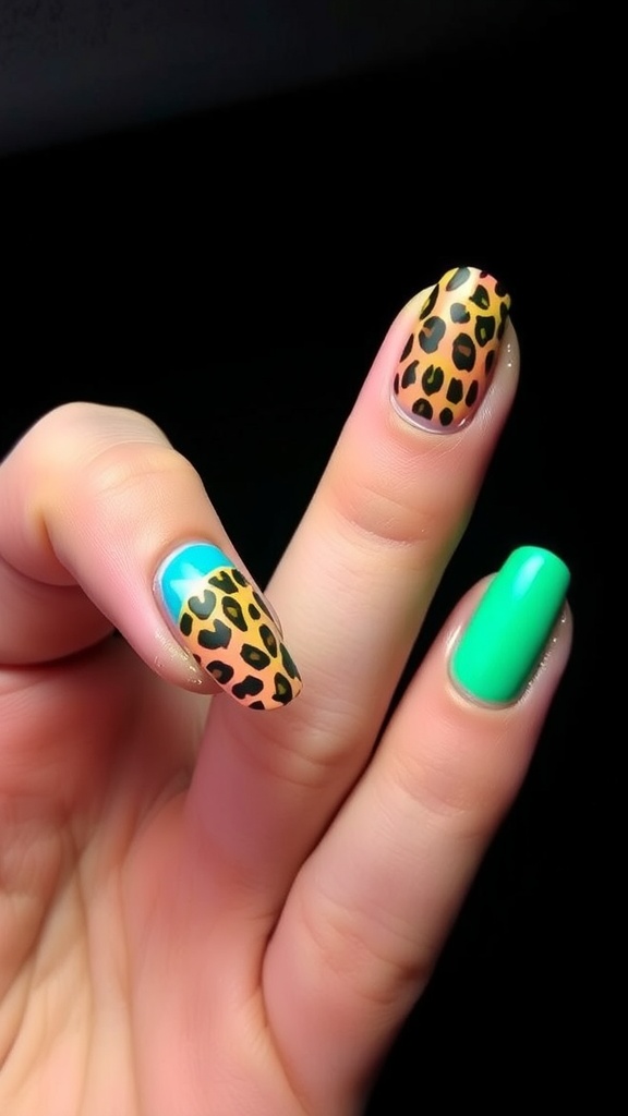 Close-up of hands showing neon leopard accent nails with green and blue colors.