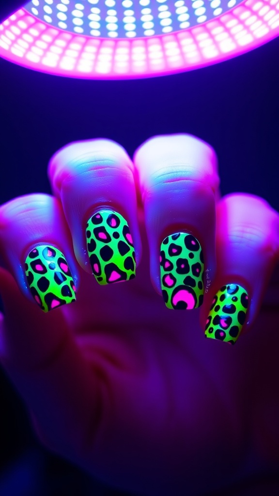 Close-up of neon leopard print nails under a UV light