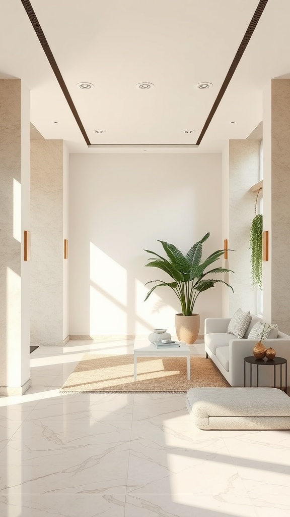 A bright and airy contemporary living room with neutral colors and a plant.