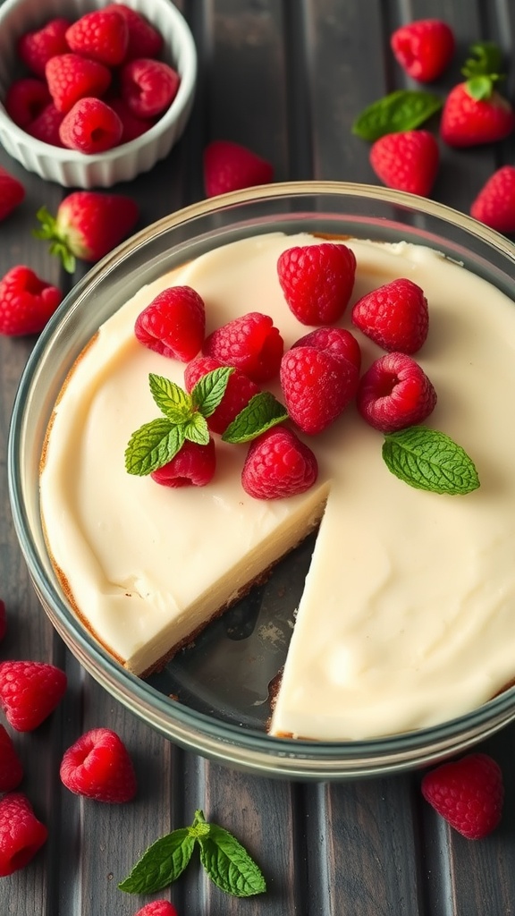 A no-bake keto cheesecake topped with fresh raspberries and mint leaves.