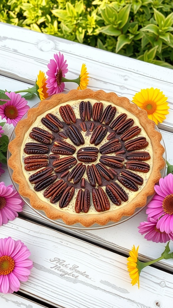 A delicious no-bake pecan pie topped with pecans in a decorative pattern.