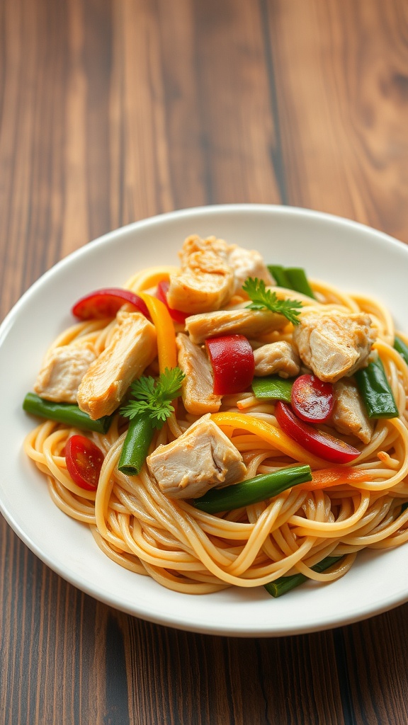 A plate of Chicken or Shrimp Hakka Noodles with colorful vegetables