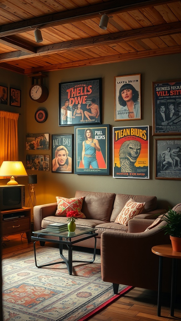 Living room with 70s style artwork and posters on the wall.