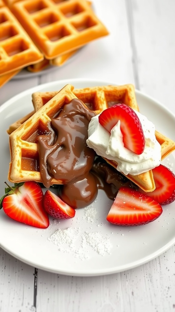 Delicious Nutella stuffed waffles served with whipped cream and strawberries.