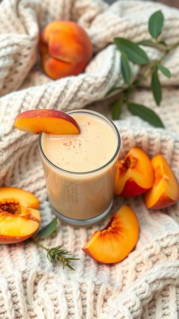 A creamy peach smoothie garnished with a slice of peach and sprinkled with nutmeg.