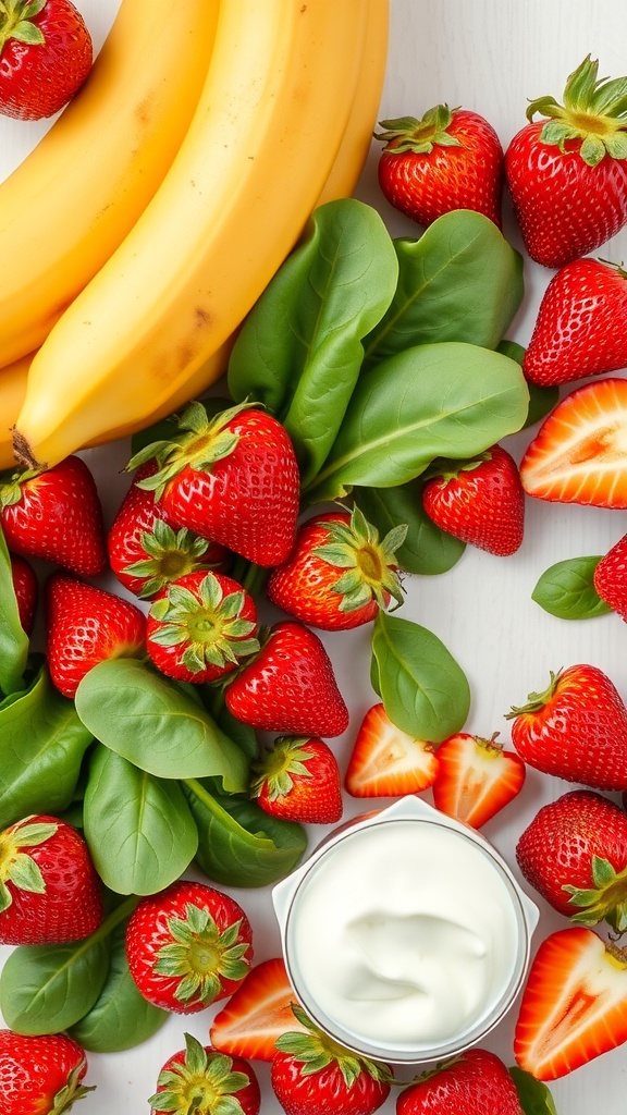 Ingredients for a strawberry banana smoothie including bananas, strawberries, spinach, and yogurt.