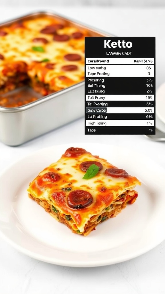 A delicious keto lasagna slice with layers of meat, cheese, and zucchini.