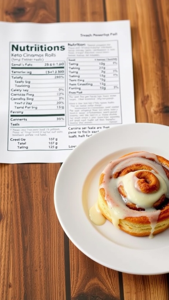 Nutritional breakdown and a delicious keto cinnamon roll on a plate.