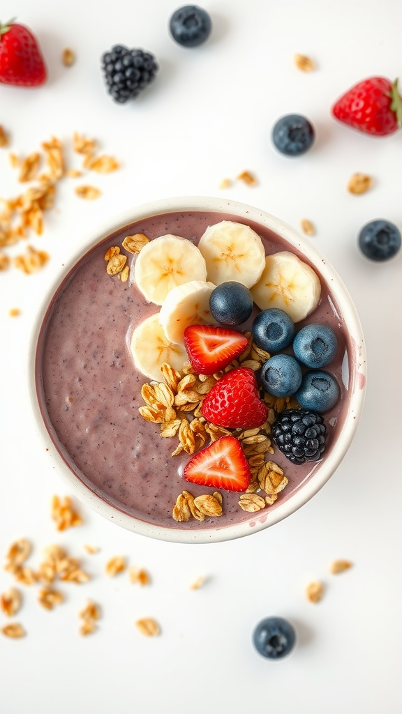 A delicious acai bowl topped with sliced bananas, strawberries, blueberries, blackberries, and granola.
