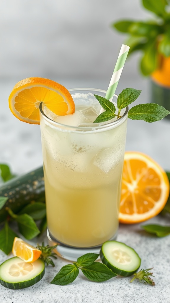 A refreshing cucumber citrus smoothie garnished with orange and mint.