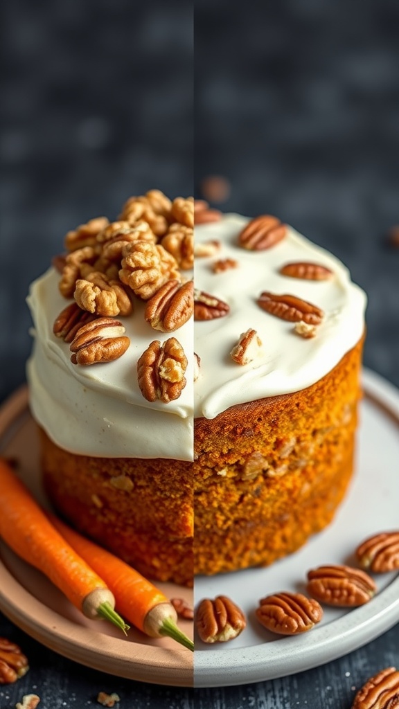 Carrot cake with walnuts and pecans on top