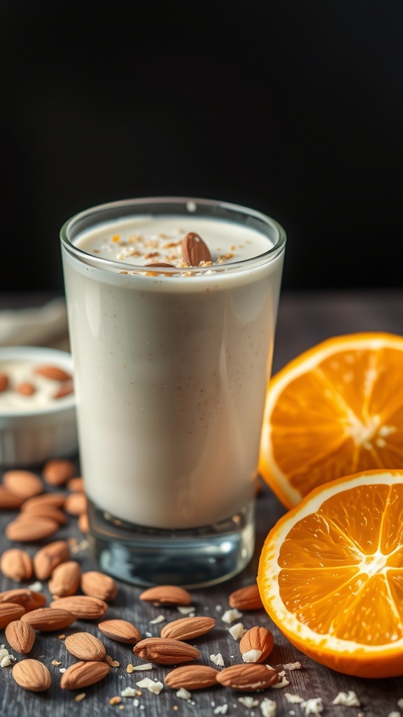 Nutty Almond Citrus Smoothie in a glass with orange slices and almonds