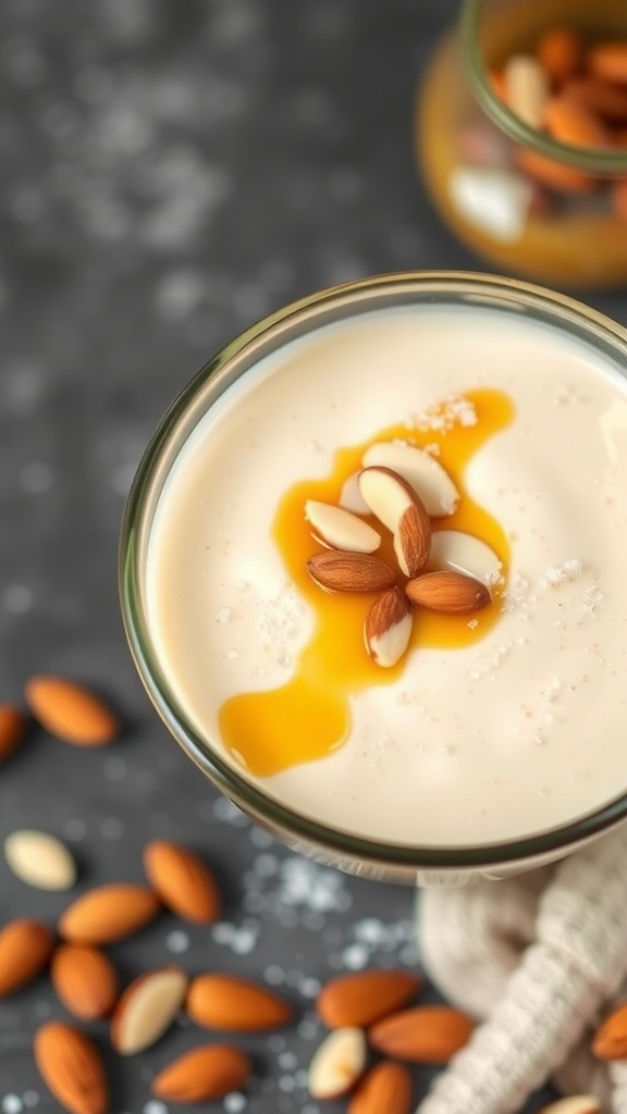 Nutty almond fiber smoothie in a glass topped with almonds and honey.