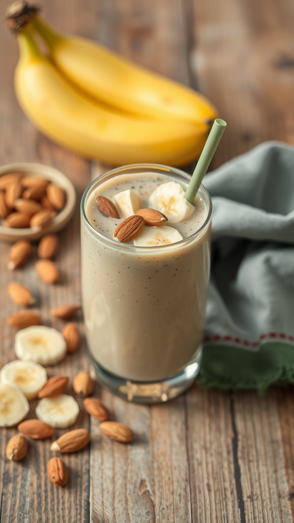 Nutty Banana Almond Smoothie in a glass with bananas and almonds around it.
