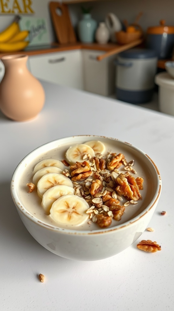 A bowl of Nutty Banana and Oat Smoothie topped with banana slices, walnuts, and oats on a white table.