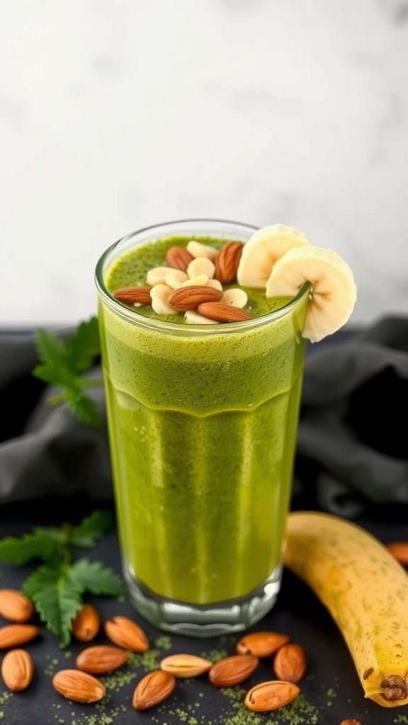 A refreshing green smoothie in a glass, topped with banana slices and almonds.