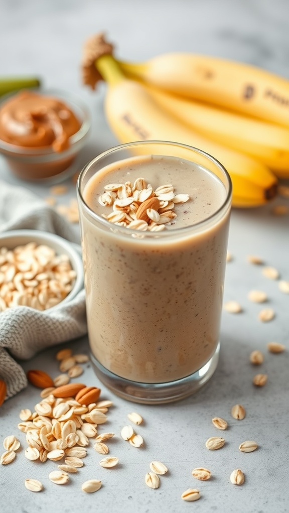 A glass of Nutty Banana Oatmeal Smoothie topped with oats, with bananas and nut butter in the background.