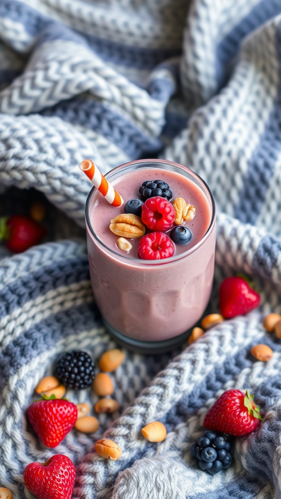 A glass of Nutty Berry Blend smoothie with berries and nuts on the side.