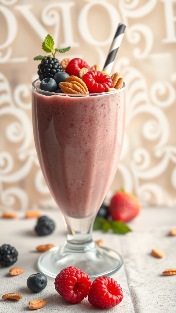 A delicious Nutty Berry Crunch smoothie topped with berries and almonds.