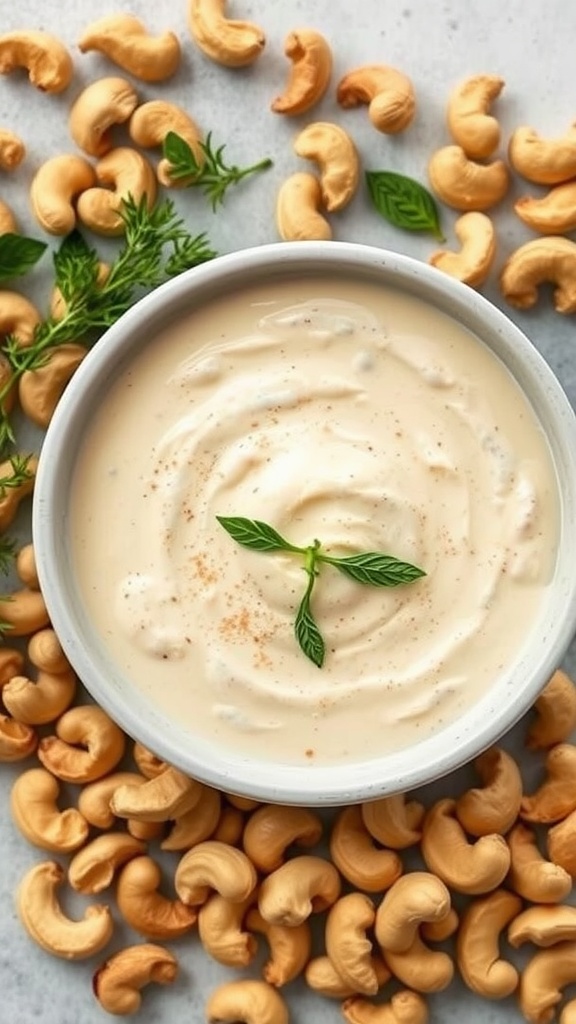 Nutty Cashew Alfredo sauce in a bowl surrounded by cashews