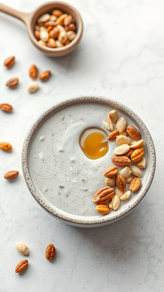 Nutty chia pudding bowl with mixed nuts and honey
