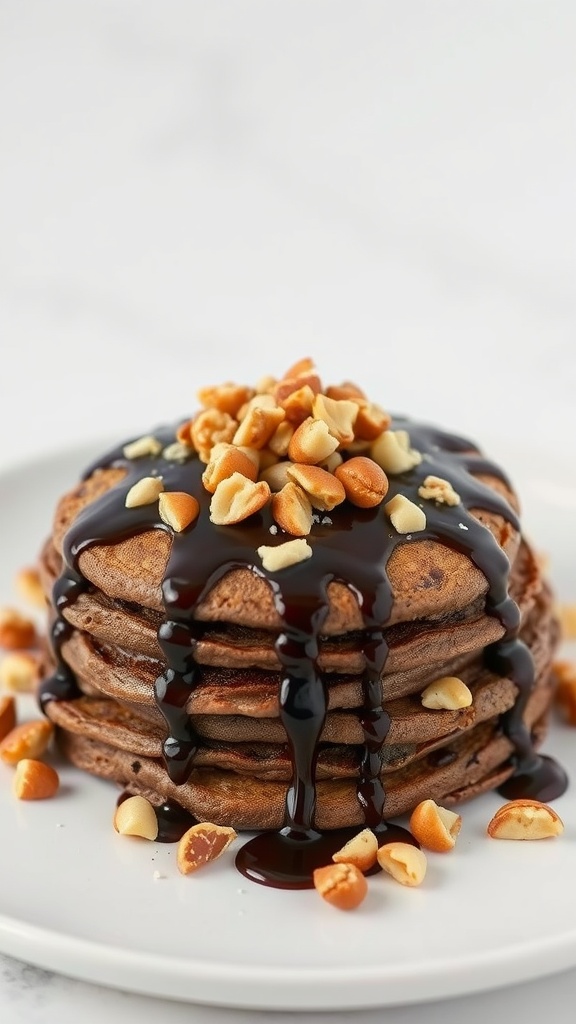 Delicious stack of nutty chocolate keto pancakes topped with chocolate syrup and chopped nuts
