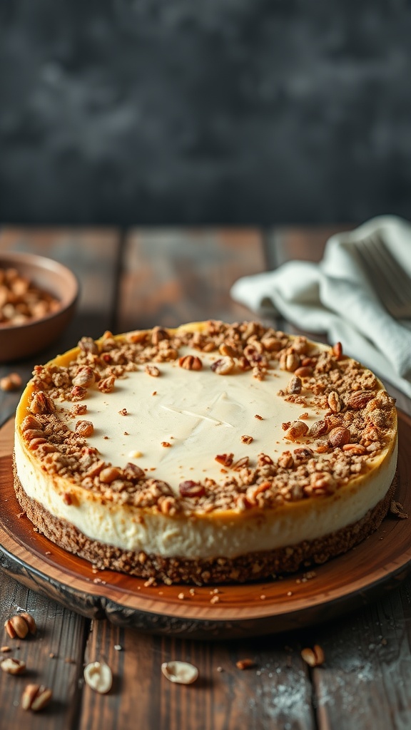 Nutty Crust Keto Cheesecake with a crunchy nut topping on a wooden plate.