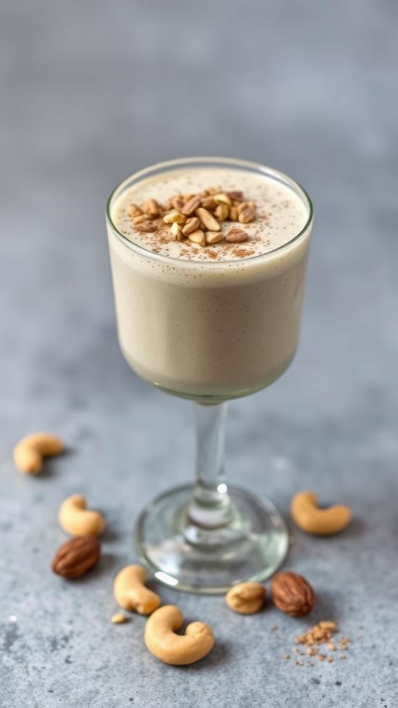 Nutty Maca and Cashew Smoothie in a glass with toppings