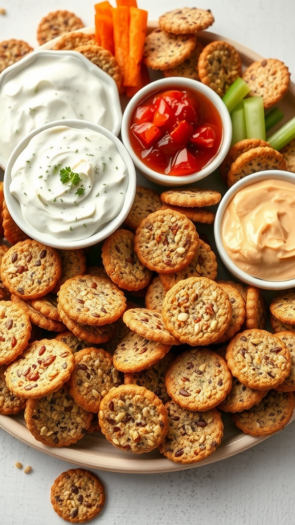 A platter of nutty medley seed crackers served with dips and vegetables.
