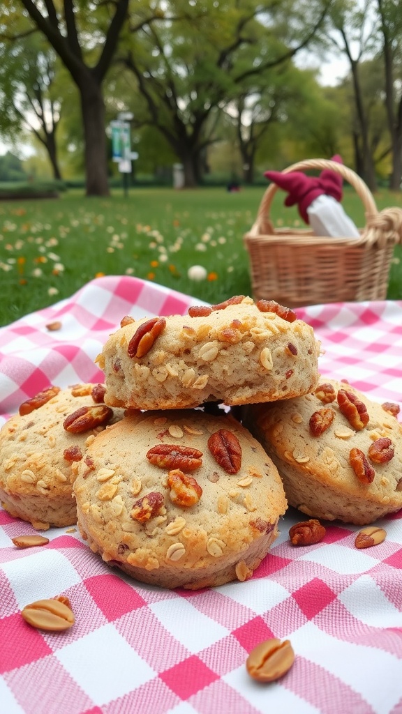 Nutty oat scones with pieces of nuts on a checkered cloth.