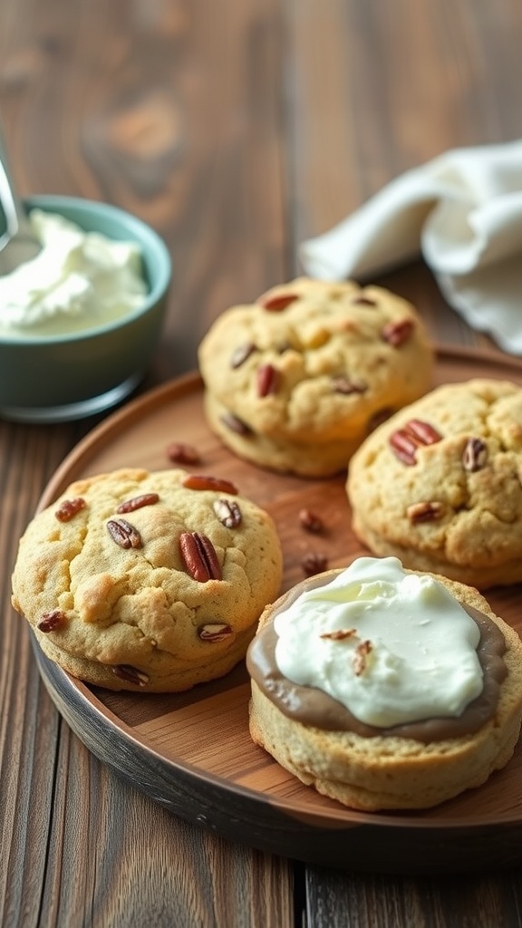 Delicious nutty pecan keto biscuits arranged on a wooden plate, served with cream.