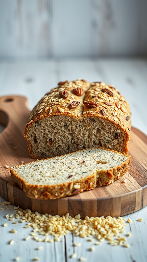 A loaf of nutty quinoa gluten free bread sliced on a wooden board, showcasing its texture and nutty toppings.