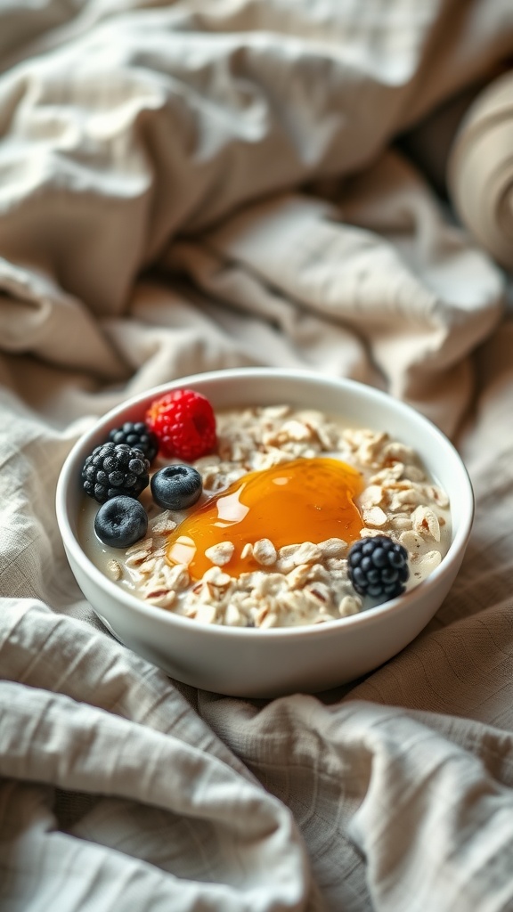 A warm bowl of oatmeal topped with fresh berries and honey