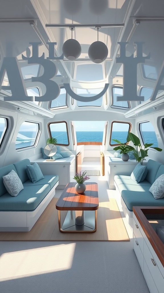 Luxury yacht interior featuring ocean-inspired color schemes with soft blue and green couches, wooden table, and large windows with sea views.